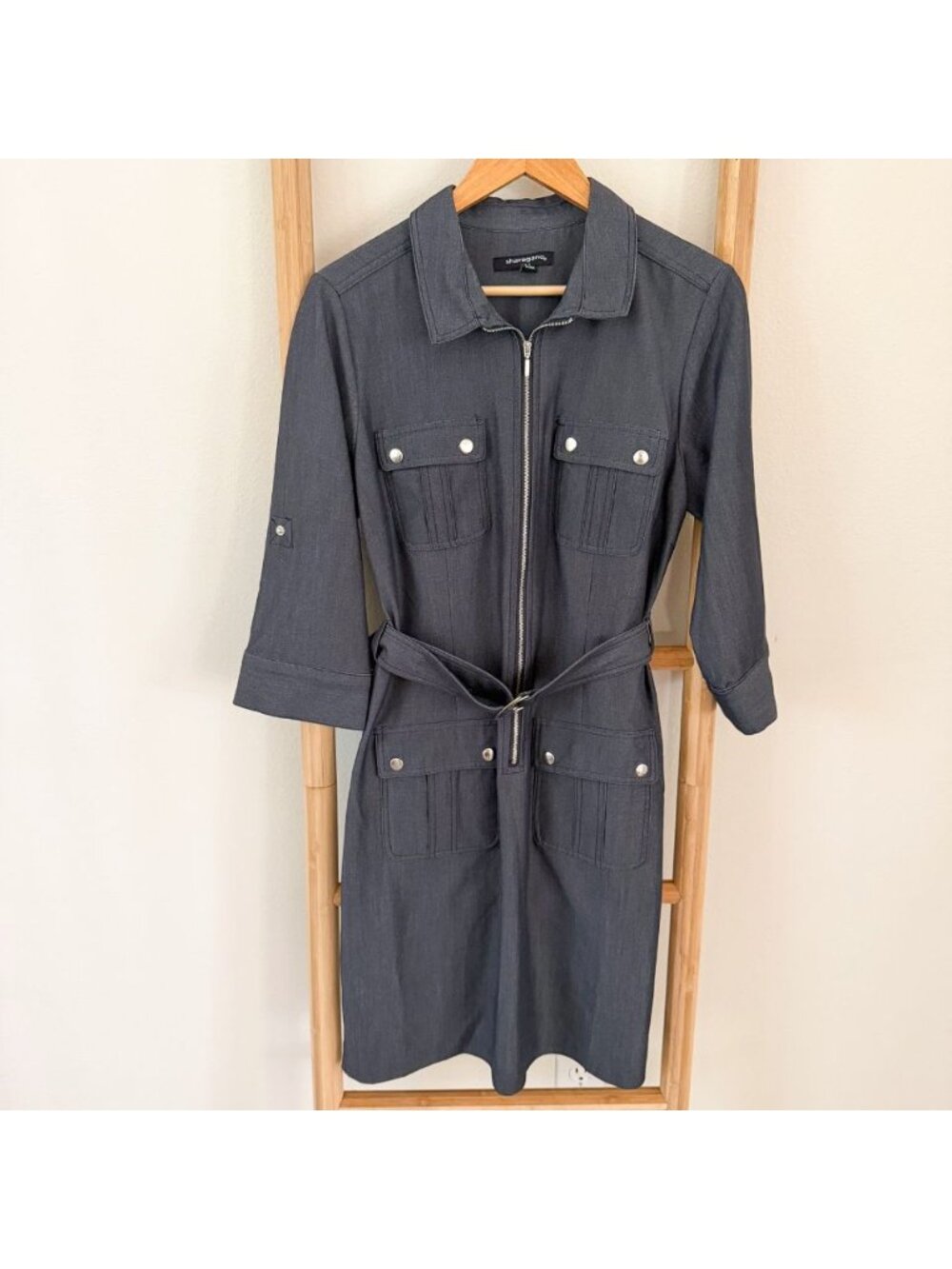 Sharagano Gray Blue Zip Front Shirt Dress Belted Utility Dress Size 10